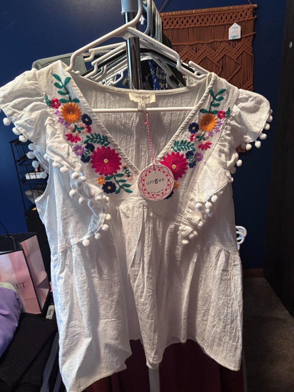 Umgee White Embroidered Pom-Pom V-Neck Blouse NWT